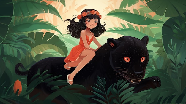 Girl riding a black panther in the forest Childrens illustration