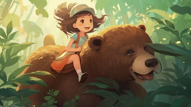 Girl riding a brown bear in the forest Childrens Illustration