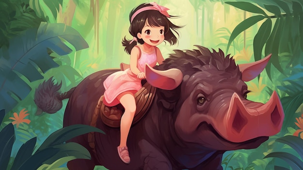 Girl riding a giant boar in the forest Childrens Illustration