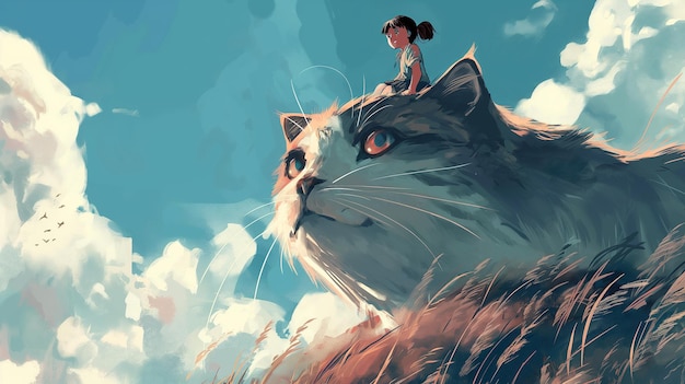 Girl riding a giant cat Childrens illustration