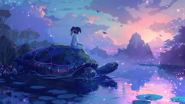 A Girl Riding a Giant Turtle at Sunset