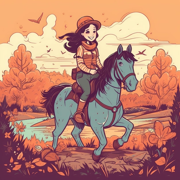 A girl riding on a horse cartoon illustration with generative ai