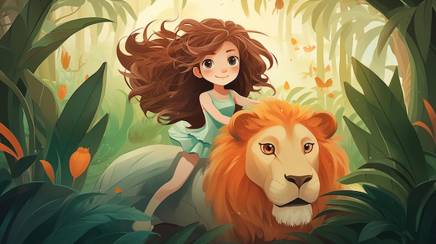 Girl riding a lion in the forest childrens illustration