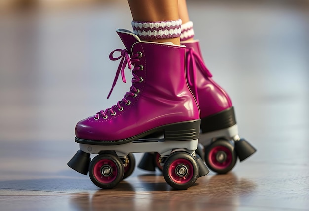 Photo a girl riding a roller skate with a pink pair of boots on