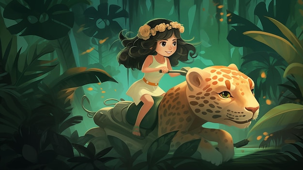 Girl riding on top of a Jaguar in the forest childrens illustration