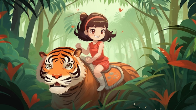 Girl riding on top of a tiger in the forest childrens illustration