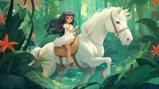 Girl riding a white horse in the forest Childrens Illustration