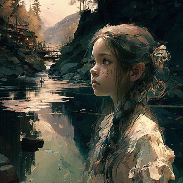 A girl in a river with a bridge in the background