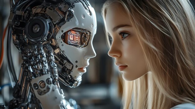 a girl and a robot looking at the camera