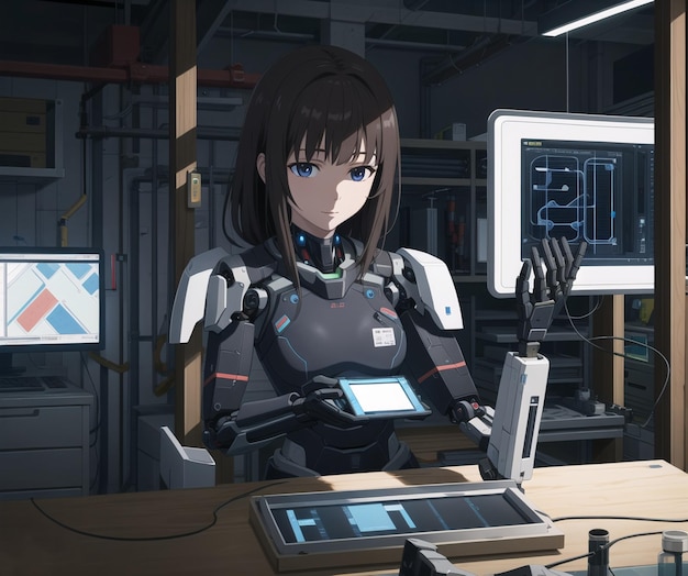 A girl in a robot suit is looking at a display screen