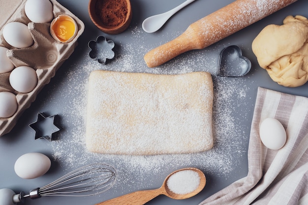 The girl rolls out the dough with a wooden rolling pin for making cupcakes or cookies.