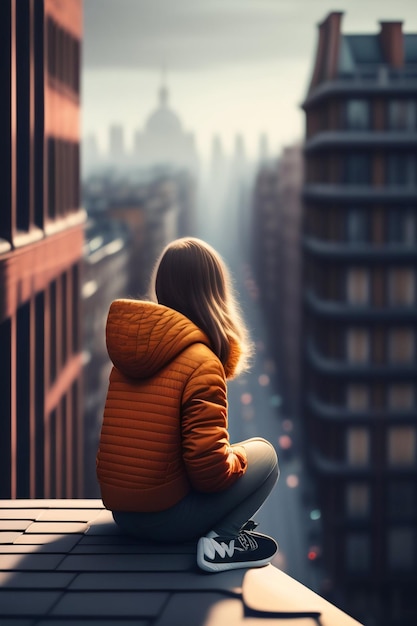 Girl on a roof looking down at a streets below