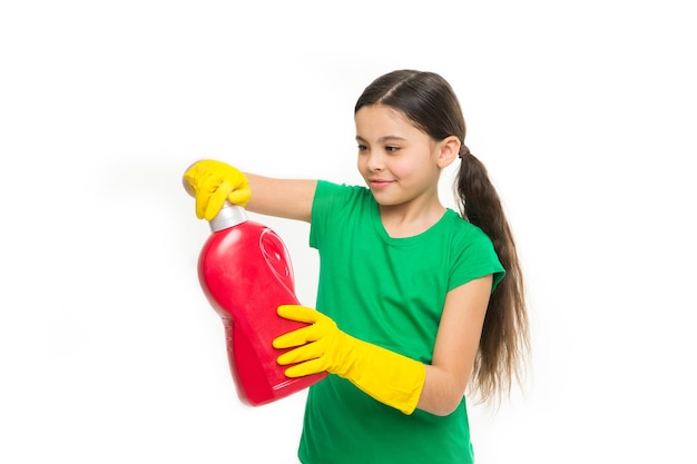 Girl in rubber gloves for cleaning hold big plastic bottle chemical soap liquid white background. Use professional product for cleaning. Useful product housekeeping. Cleaning supplies. Check smell.