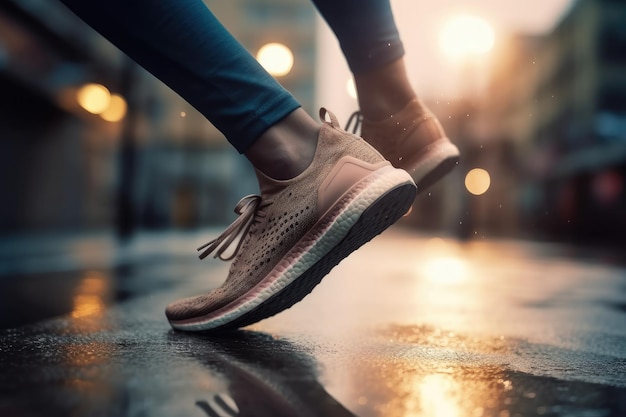 A Girl runner makes a morning run in a city street Sneaker shoes closeup Jogging running fitness