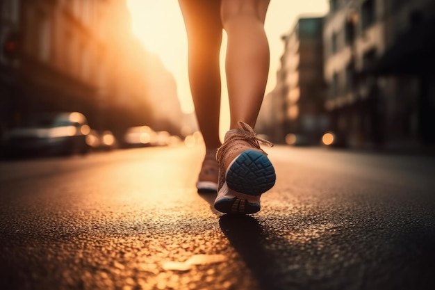 A Girl runner makes a morning run in a city street Sneaker shoes closeup Jogging running fitness