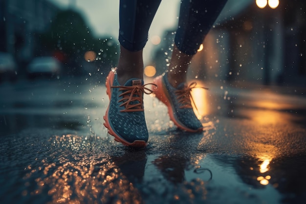 A Girl runner makes a morning run in a city street Sneaker shoes closeup Jogging running fitness