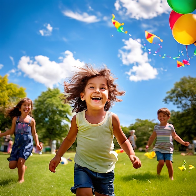 a girl running with a bunch of balloons in the sky