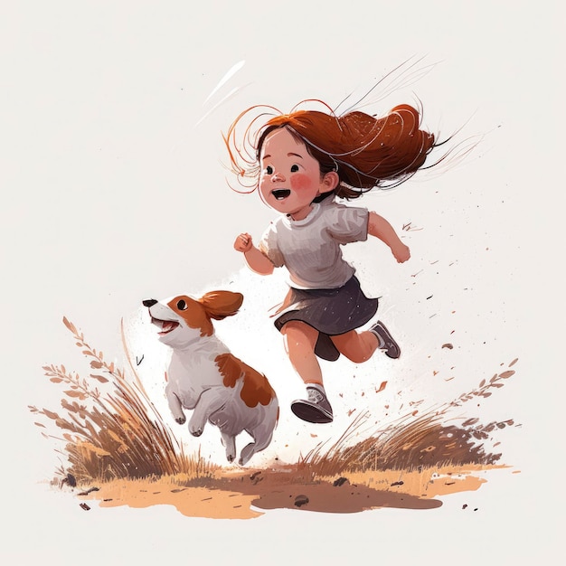 A girl running with a dog that says " the dog is running ".