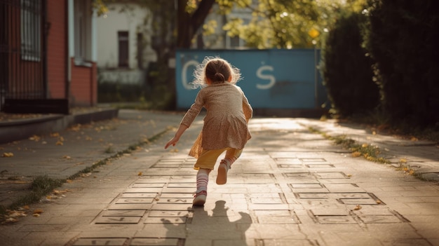 A girl runs across a road with a blue sign that says cos.