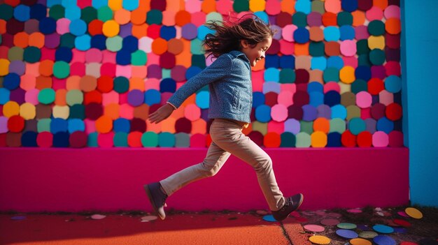 A girl runs in front of a colorful wall that says'the art of color '