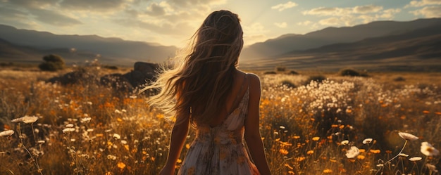 girl runs happily through meadow in grass