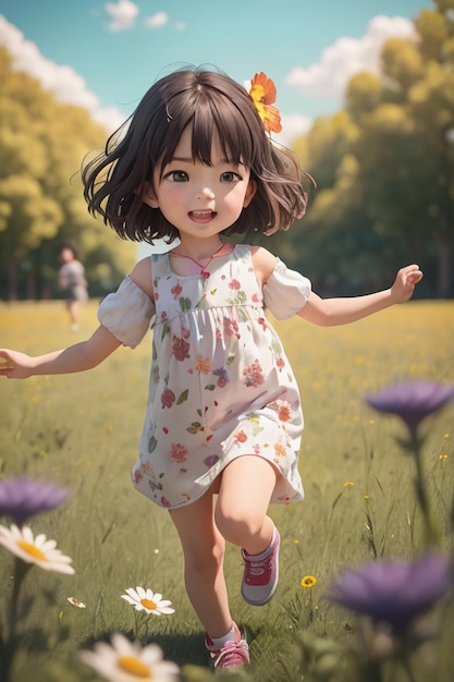 A girl runs through a field of flowers.