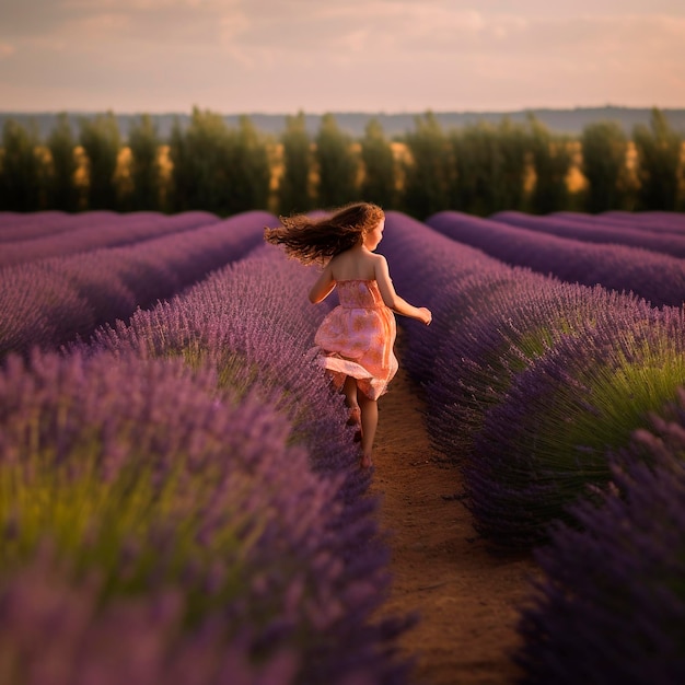 A girl runs through a lavender field in france.