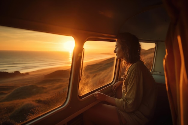 Girl in RV watching to sunset on ocean beach