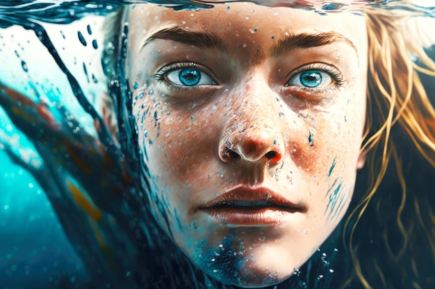 Girl's face in clear sea water during freediving