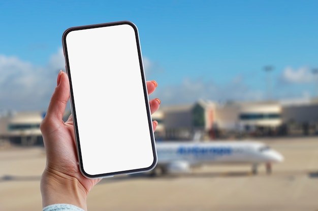 Girl's hand holds smartphone with a white screen on blurred airport background