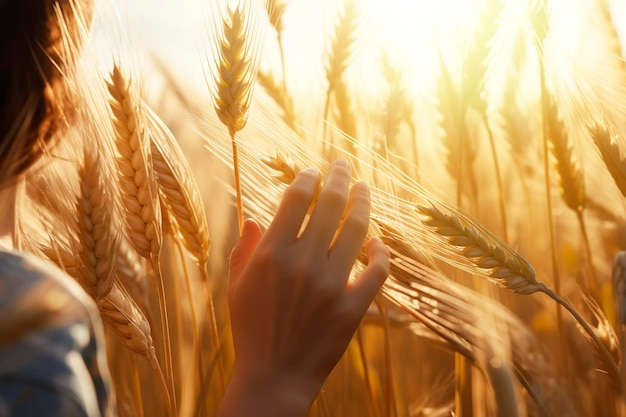 A girl's hand stroking ears of wheat in a wheat field at sunset Well being and contact with nature