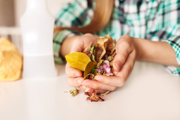 Girl's hands hold dry leaves from houseplants