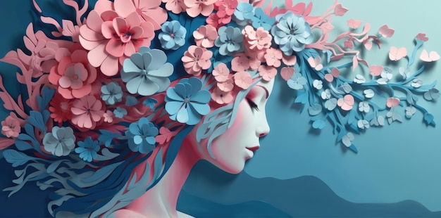 A girl's head filled with flowers in the style of delicate paper cutouts generative ai