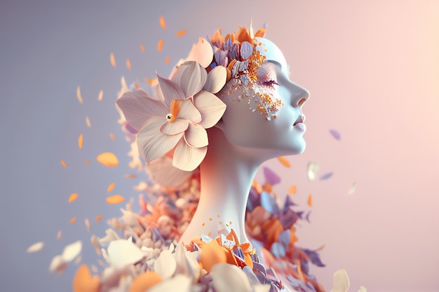 Girl's head with flowers dynamic composition. Generative AI.