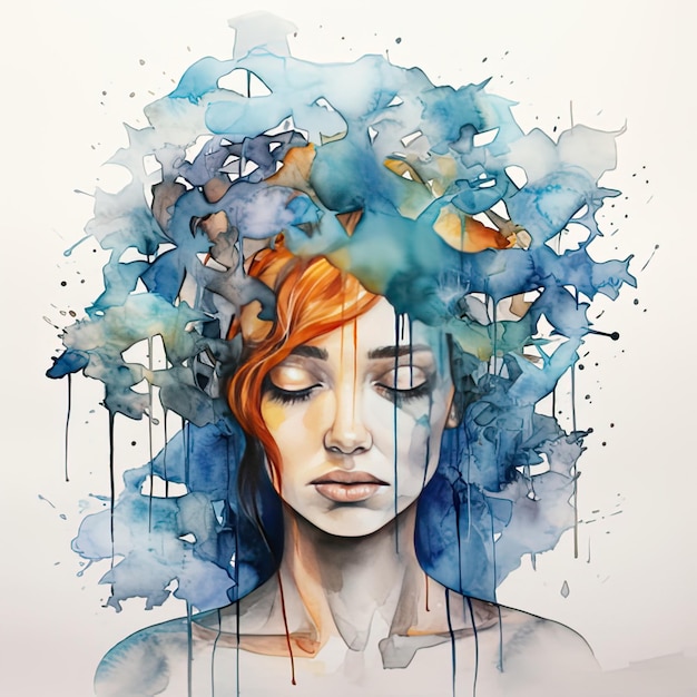 Girl's sad thoughts watercolor illustration Mental health concept