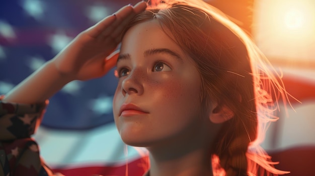 Girl saluting in front of american flag