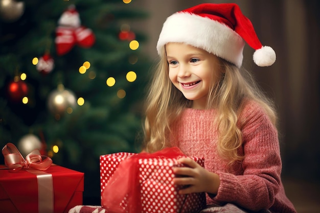 Girl in Santa's hat holding a gift box for Christmas