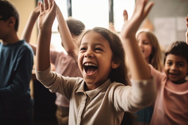 A girl in a school bus with her arms raised in the air