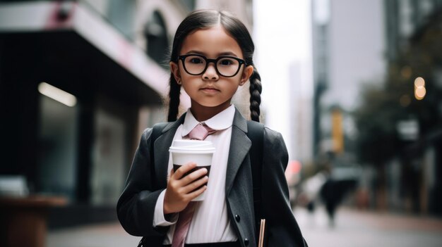 A girl in a school uniform holds a cup of coffee and looks at the camera.