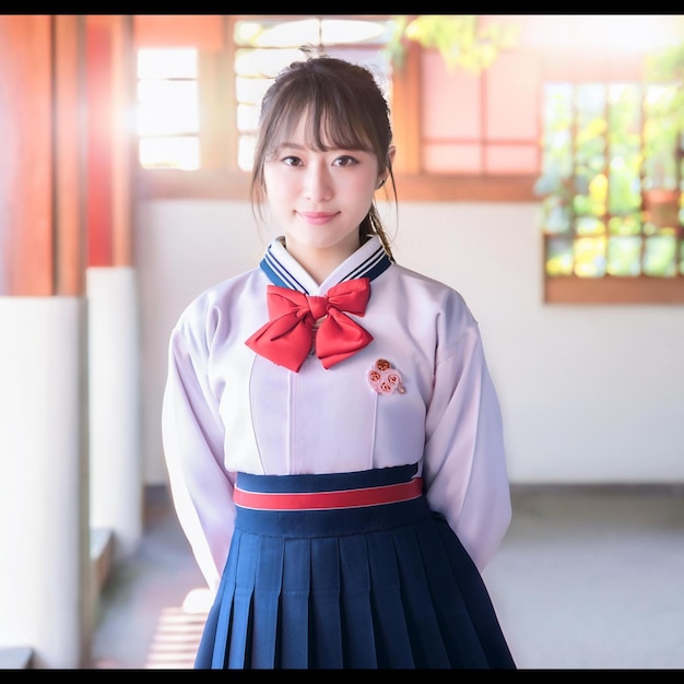 a girl in a school uniform stands in a hallway