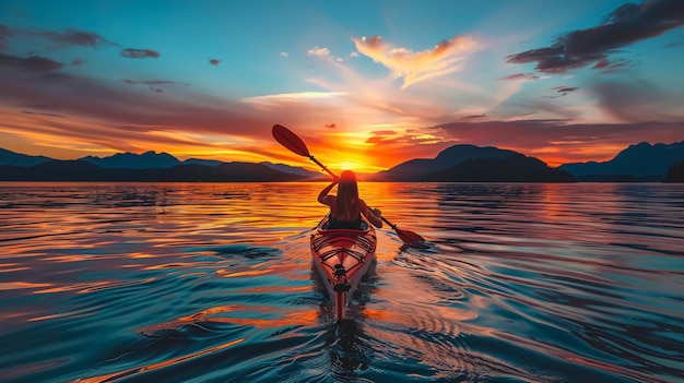 Photo girl sea kayaking during sunset a girl in a kayak enjoying a vibrant sunny summer sunset