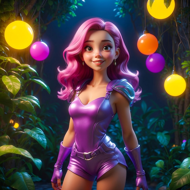 Girl in shiny purple suit in garden setting generated by AI