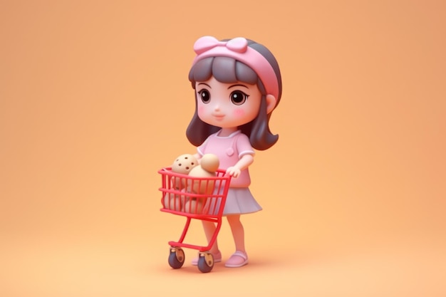 A girl and shopping cart shopping concept 3d Tiny cute isometric Generative AI