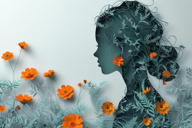 Girl Silhouette with Paper Cut Flowers