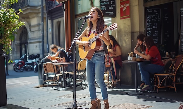 Photo a girl singing in front of a sign that says  the word  on it