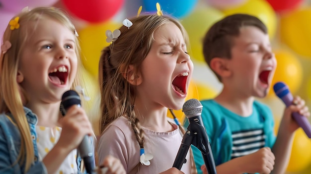 Photo a girl singing with a microphone and a boy wearing a crown and singing with the other kids