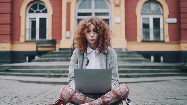 Girl siting in front of a university