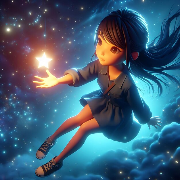 a girl siting in the sky with stars