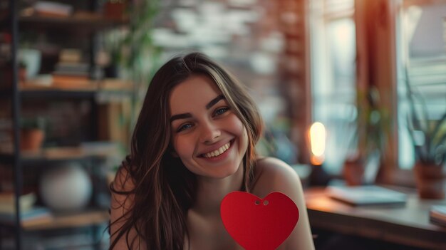 The girl sits on the bed in the sunlight and looks at the camera and smiles closeup