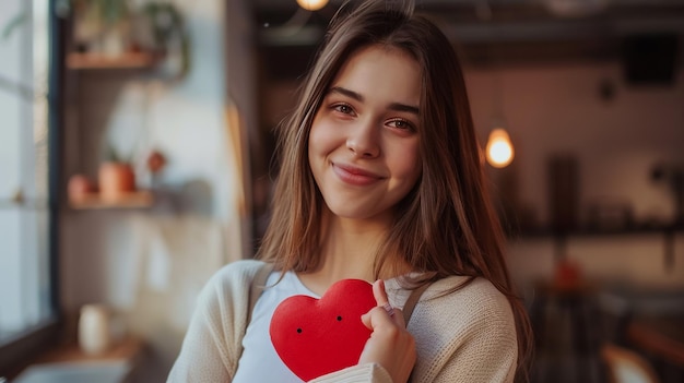 The girl sits on the bed in the sunlight and looks at the camera and smiles closeup